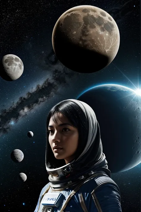 space image, where the planets are seen, moon, and in the distance a woman with black hair and a silver suit