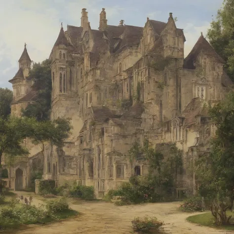 a old painting of the outside of a manor during the 1800