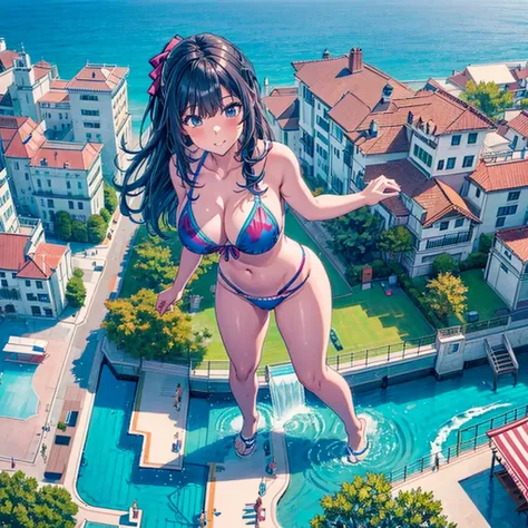 ((view from above))　female giant giant girl giantess bikini swimsuit paola big breasts cleavage float blue sky, public pool, val...