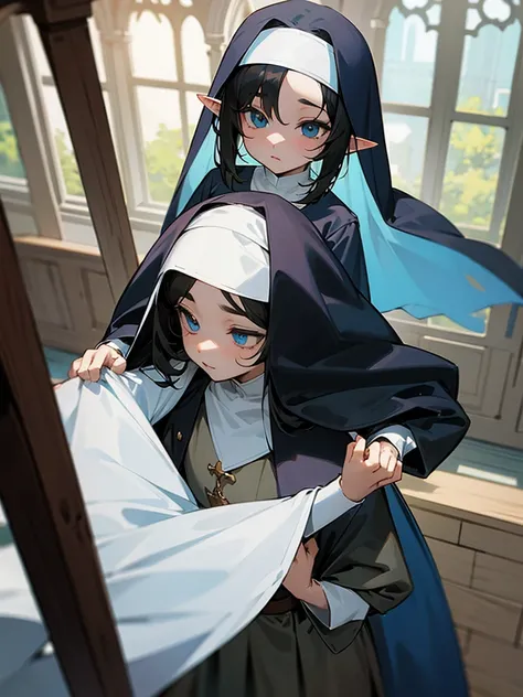  elf, teen, nun, young, shota, black hair,  