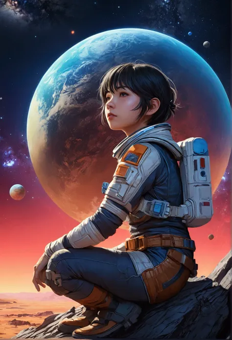 anime type、girl sitting on the ground looking at the planet、space cowboys、サイバーspace cowboys、josan gonzalesに触発された、xin haicheng（ap...