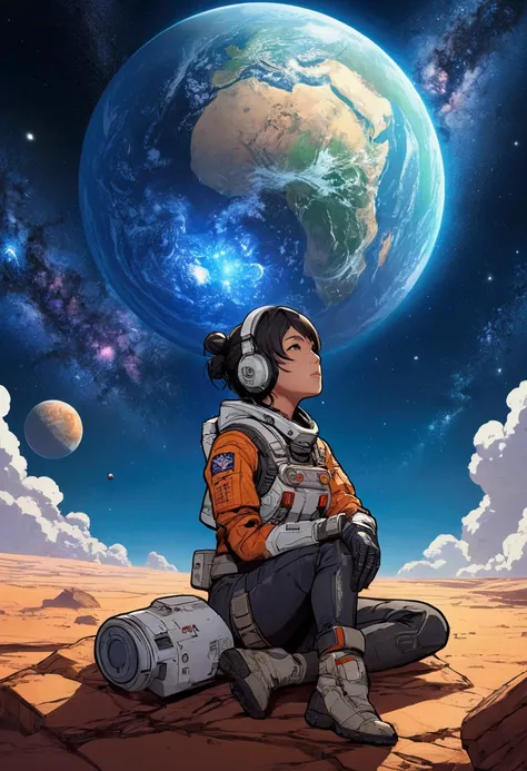 anime type、girl sitting on the ground looking at the singularity、space cowboys、サイバーspace cowboys、inspired by josan gonzalez、xin ...