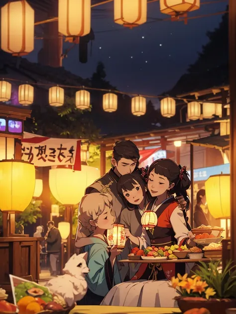 a family consisting of a couple and a , enjoying a japanese festival