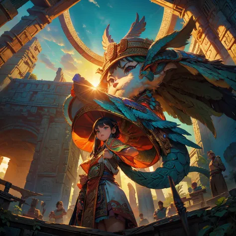 Childish, high quality、Very detailed、8Year、Mayan Aztec young priestess、Flying Feathered Serpent(Quetzalcoatl Kukulkan)Looking u...