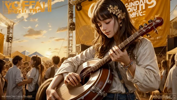 draw a music festival poster，playing the banjo，musical note elements