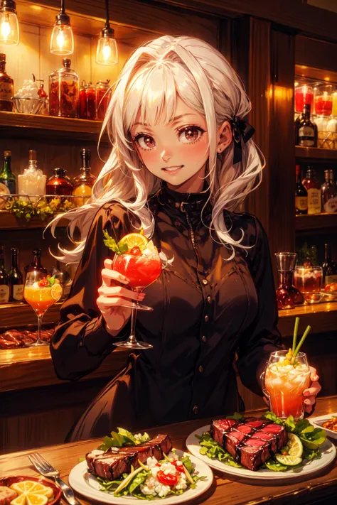 1girl,cute,smiling,happy,eating steak and a salad,having a cocktail glass,in bar