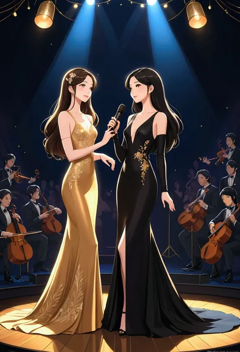  TWO beautiful women in Anime Illustration style, deeply in love. One with long, straight brown hair, delicate British features,...