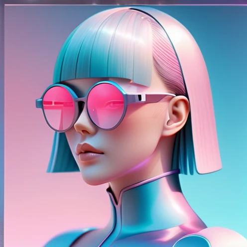 3d illustration of upper body and face of artificial intelligence model wearing futuristic glasses, stylish glasses with tassels...