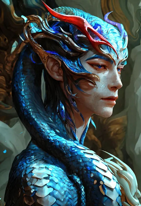 A male naga with Androgynous, delicate facial features that blend masculine Pale, porcelain-like skin with a soft, flawless comp...