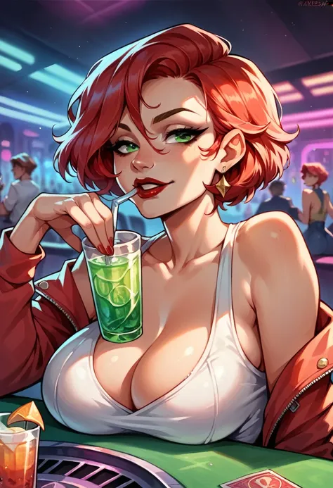 masterpiece, beautiful adult woman, ((caucasian skin)), red hair, short hair, pervert face, ((nightclub)), red lipstick, green e...