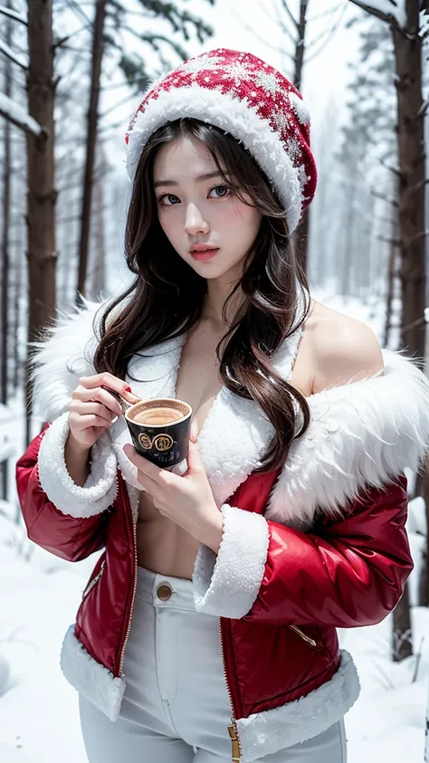 "show gwen in her winter wonder skin from league of legends by riot games, no having clothes,wearing a winter-themed outfit with...