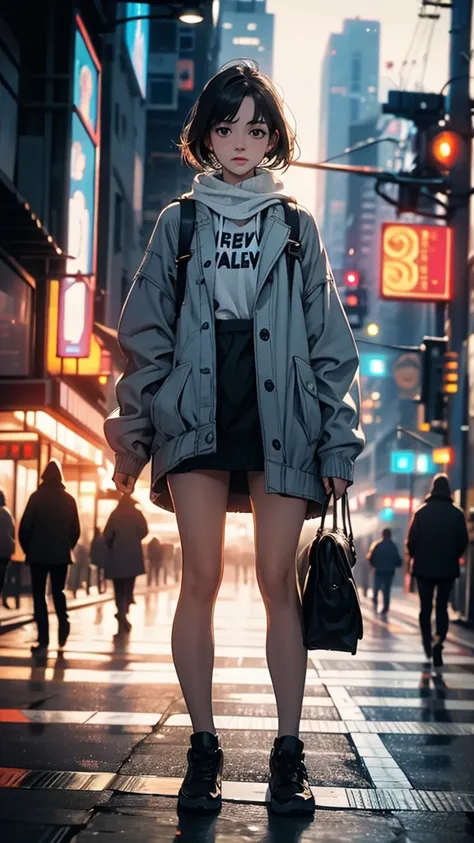 a young woman standing on the street, blur the background, comely, photorrealistic