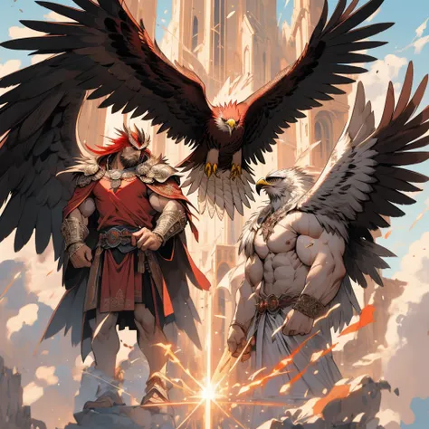 hawkman，wearing mage robe ，red hawk，eagle feathers，robe，magestaff，, anthropomorphic mage eagle，anime concept art，red hawk法师, ((t...