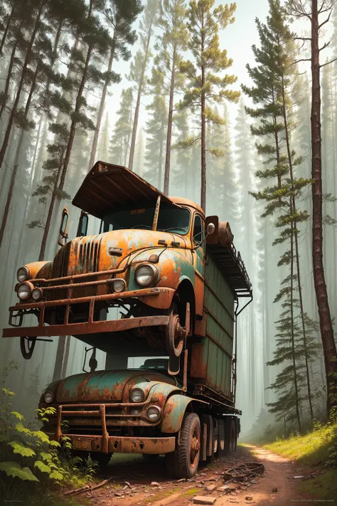 painting of an old rusty truck in the forest，there are tires, andrei gordeev, vadim kashin. surreal, 靈感來自vadim kashin, alexei eg...