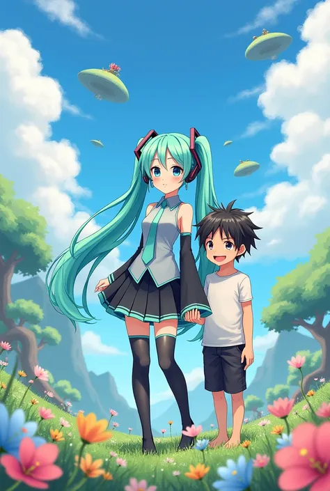 hatsune miku with tan boy with middle part