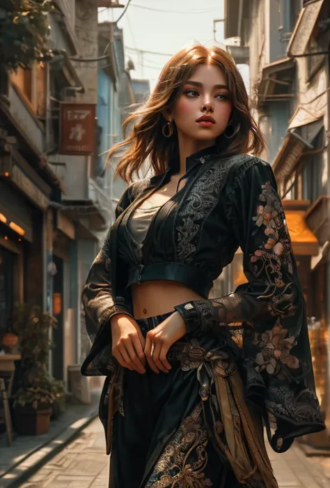 [Core Concept] A highly detailed 8K stock photo of a beautiful young woman in an otherworldly urban setting, a masterpiece of th...