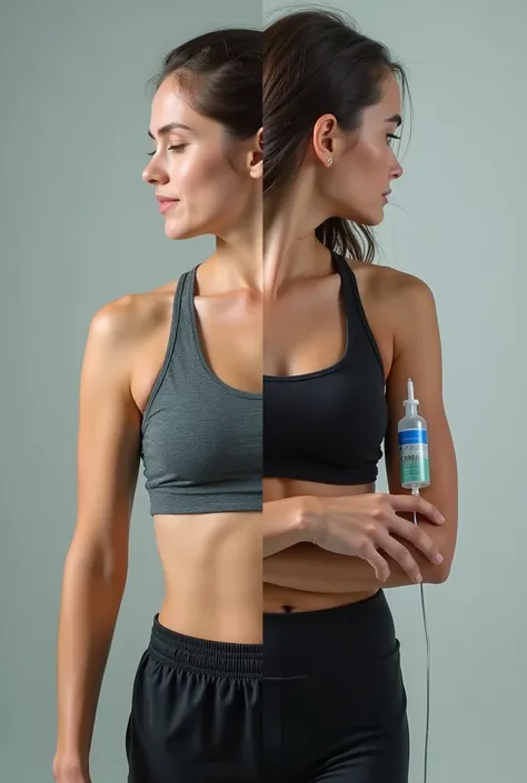 split image of healthy full body sports woman on one side and sick woman receiving intravenous medicine in arm on other side