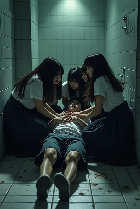 group of school girls in long black skirts and long hair crouching down strangling boy by the neck with their hands on the bathr...