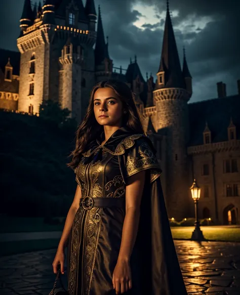 a beautiful girl standing in front of a castle at night, detailed face, puffy short sleeves, cape, bag, detailed background, cin...