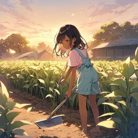 a small, tan-skinned girl with dark hair is working in a field at sunrise. she is wearing simple, pastel-colored clothing, inclu...