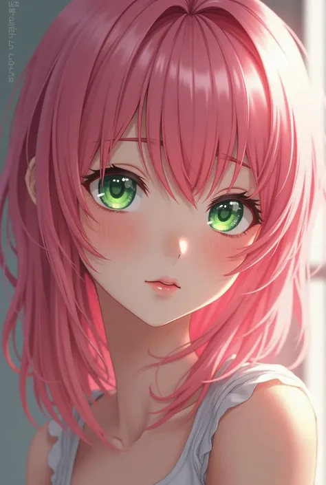 Anime girl with pink hair and green eyes sitting on the ground, Detailed portrait of anime girl, Close-up of a young anime girl,...