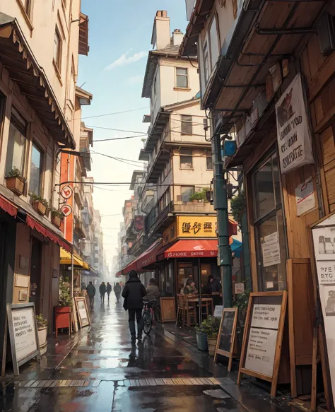 photo of a cafe, wet street, buildings, busy street, cycle, garbage, nostalgia, ultra quality, hyper detailed,