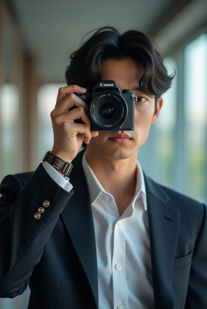 an 18 year old vietnamese man wearing a suit, korean hairstyle and taking a photo