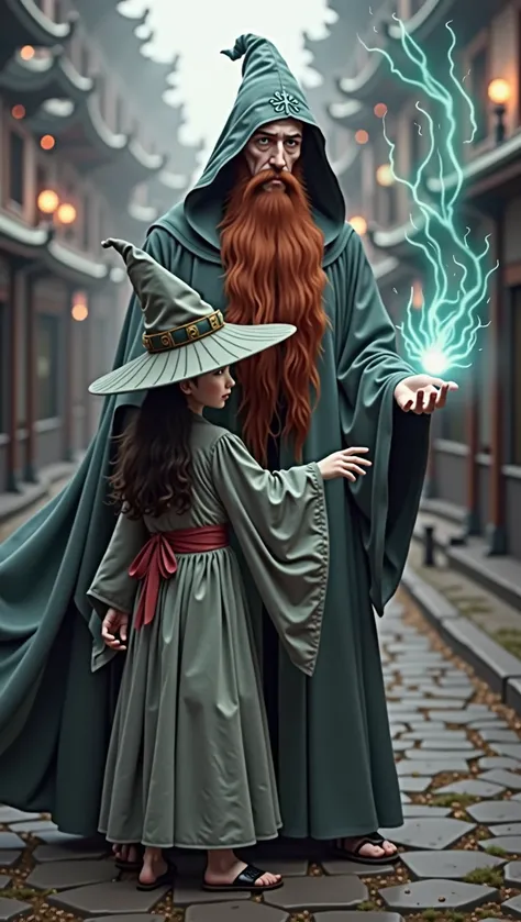 a 30 year old red-haired wizard with a long beard,wearing a greenish-gray wizard&#39;s robe with a pointed hood releasing a spel...