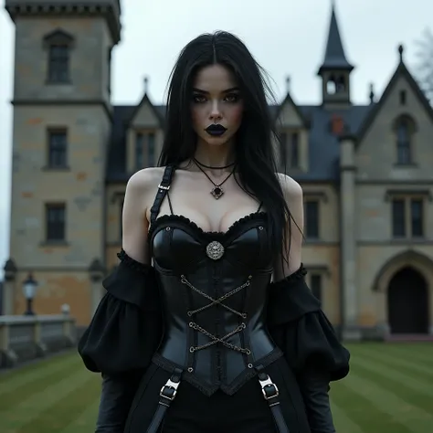 18-year-old girl in sexy gothic look models in front of an old victorian castle,strap holders, strapse, corset