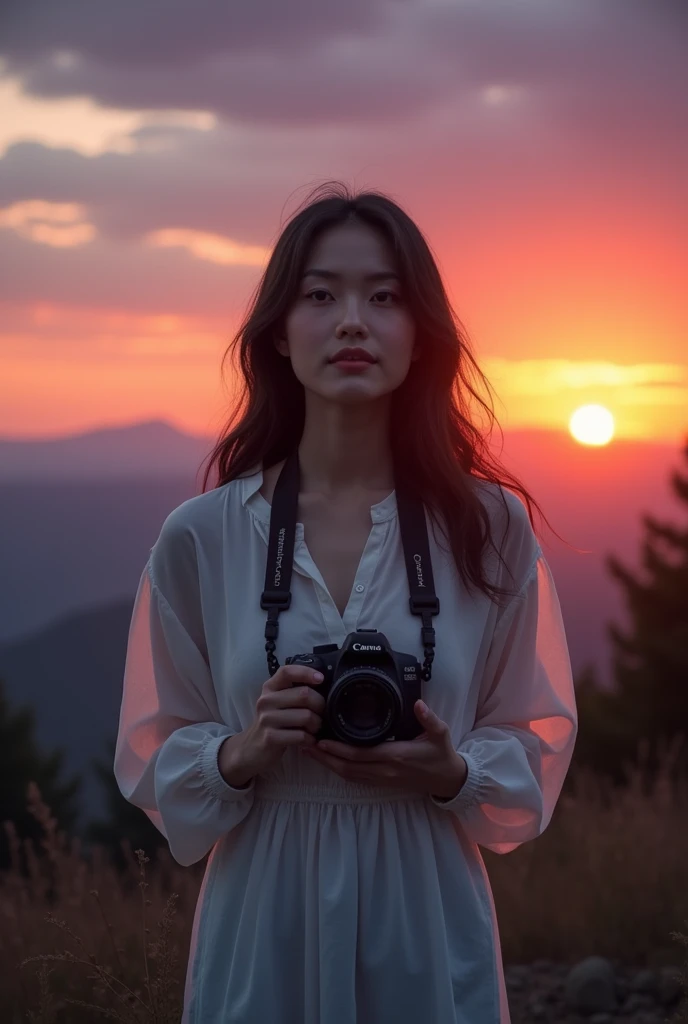 nature photography album seen by beautiful girl  with camera in her neck front of dawn sky