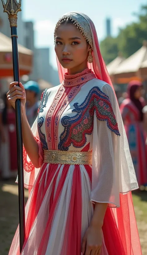 muslim woman wearing a dress made of used plastic, soft transparent red and white colour with red and white motifs, with wings l...