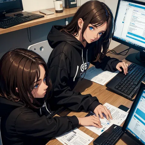 a woman, with brown hair, with a black hoodie, sitting near a desk, concentrated look, with the computer, messy room, dark