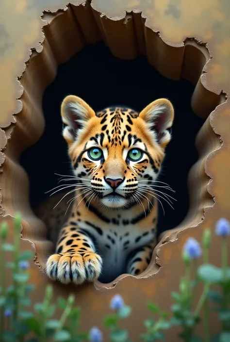 photograph of a leopard cub with the head and right front paw sticking out of the sheet, as if it were coming out of the paintin...