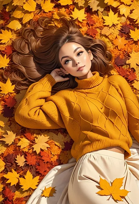 The image shows a person wearing a mustard yellow knitted sweater lying on a bed of autumn leaves. The leaves in the background ...