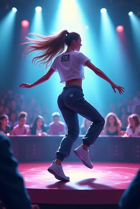 a woman wearing tshirt and sweat pant, long hair, dancing, number sticker on tshirt, on stage in bright white light, judges sitt...