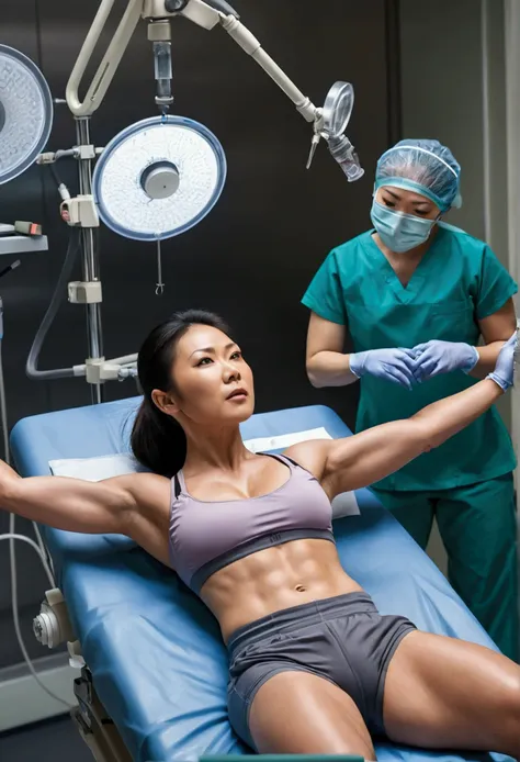 attractive muscular 30 year old asian woman wearing sports bra and long pants lying down on her back on steel operating table in...