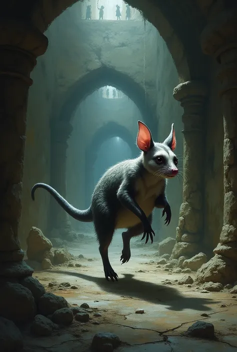 a cross-pouch possum, running in a dungeon