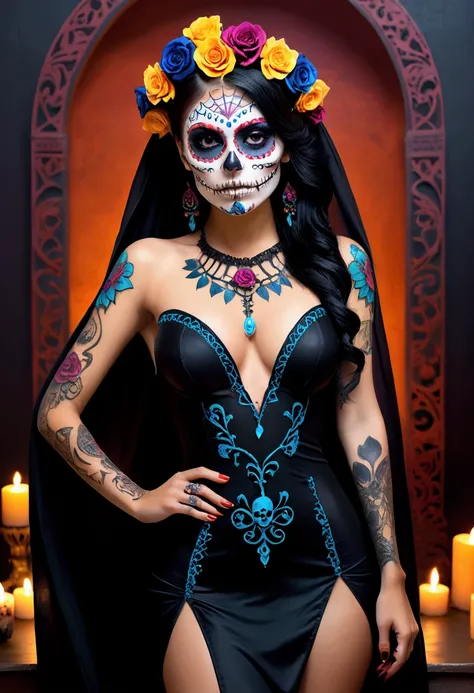 Create an image of the most stunningly gorgeous beautiful perfect sexy Chica Sugar Skull, dios de morta tattoos, Stunningly gor...