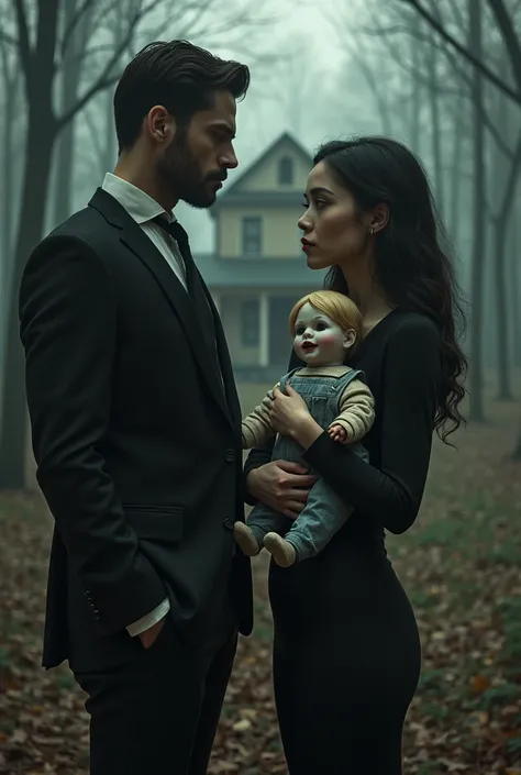 a handsome man wearing a black suit and a woman holding a creepy girl doll with the background of a lone house in the forest wit...