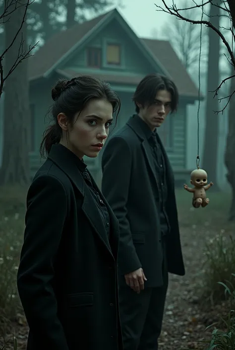 a young woman  investigator and a handsome young man wearing a black suit with the background of a lone house in the forest with...