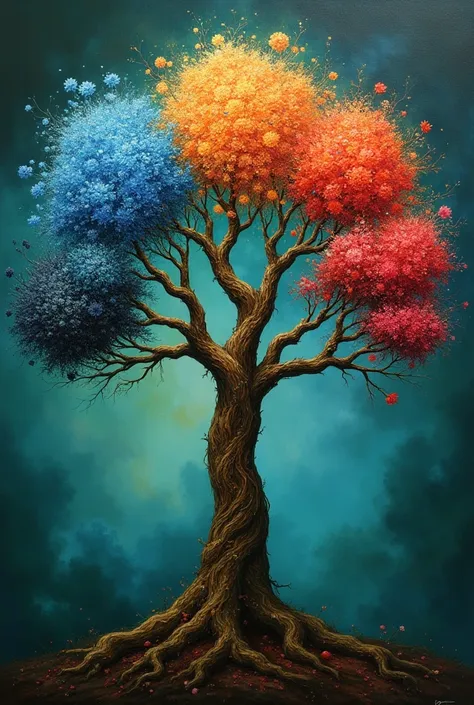 a magical tree with 7 branches, each branch with a different color, from left to right, (first branch blue flowers), (2nd branch...