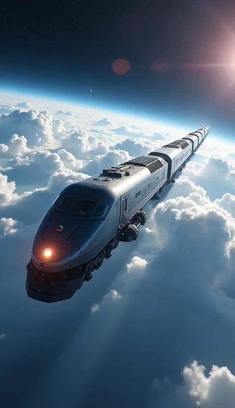 "create a cinematic 4k image, dslr canon style, of a spaceship in the shape of a train heading out of earth. the image should sh...