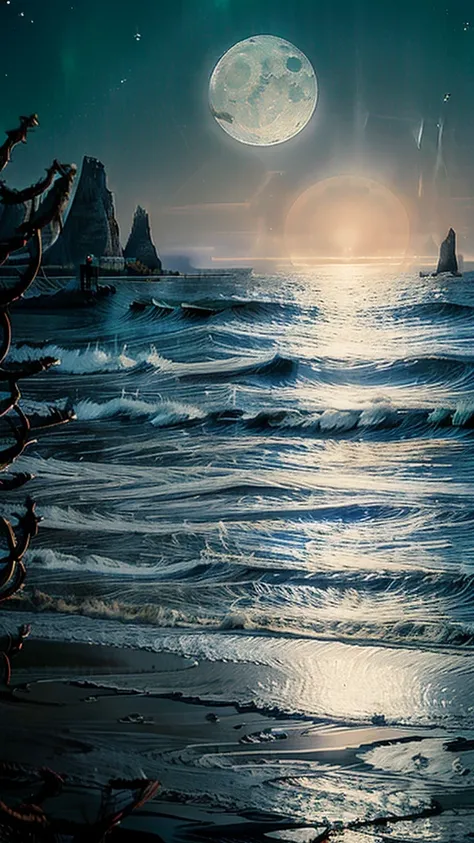 This image shows a full moon shining brightly in the night sky over the ocean. The moonlight reflects off the surface of the wat...