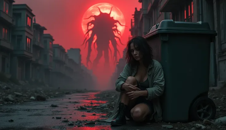 close-up of a woman hiding behind a garbage container in an alley, desolate city, destroyed buildings, dark, red fog in the sky,...