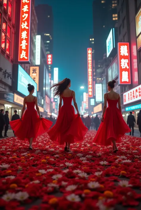 music video set design for dancers in red in the middle of a city at night with flowers on the floor