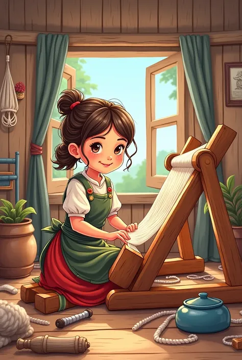 a peasant girl weaving on a loom is a cartoon coloring page