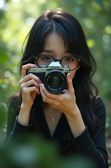 girl with glasses , black haired person taking a picture