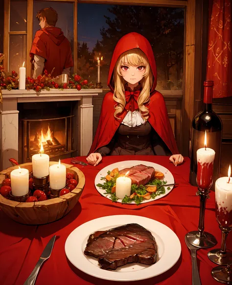 little red riding hood, fireplace, dining table, steak with blood, candles, red wine