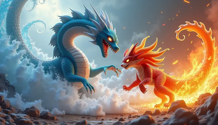 create a 3d stylized fighting scene featuring ignis, the fiery cat from the solmon series, battling against a massive water drag...