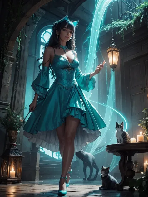 a magical woman, in a magical setting with a cat with turquoise glowing eyes